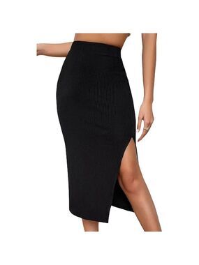 Ninexis Black Ribbed Knit Midi Skirt M High Slit Bodycon Stretch Edgy